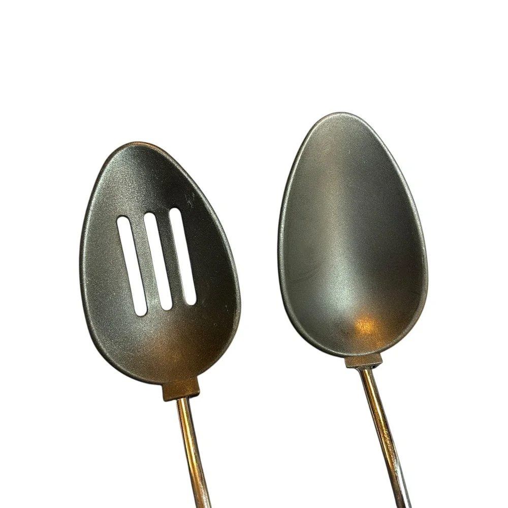 Serving Spoon Set Wood Handle Slotted‎ Solid Nylon Kitchen Utensils Black VTG